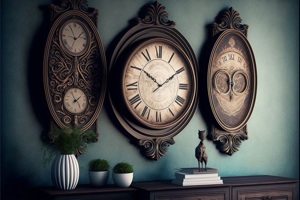 three vintage clocks on the wall