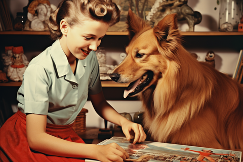 a lady with a dog solving a puzzle