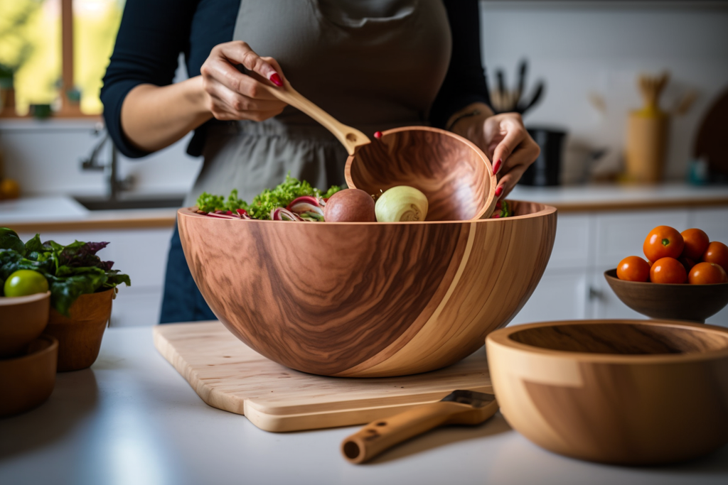 woman and a wooden salad bowl 