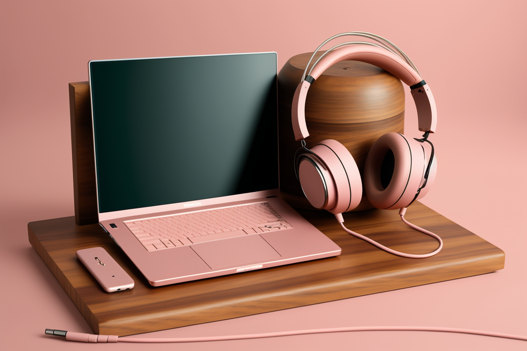 a wooden stand for a laptop on a pink background