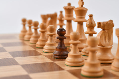 Tournament size wooden chess board with carved border and wooden pieces —  Three Trees Workshop