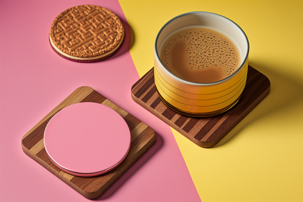 the wooden coasters on a pink table