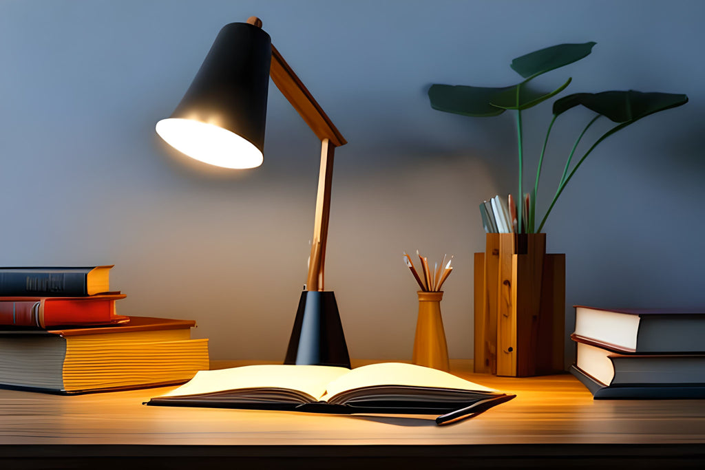 a wooden desk lamp with a yellow light