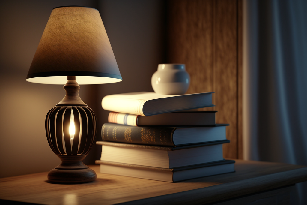 wooden table lamp with books 