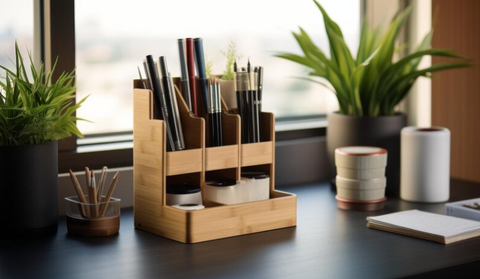 wooden organizer on a wooden desk