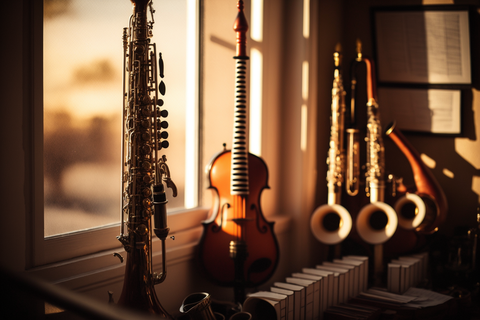 woodwind instruments in a musical room