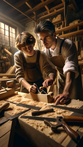 young boy learning wood craft