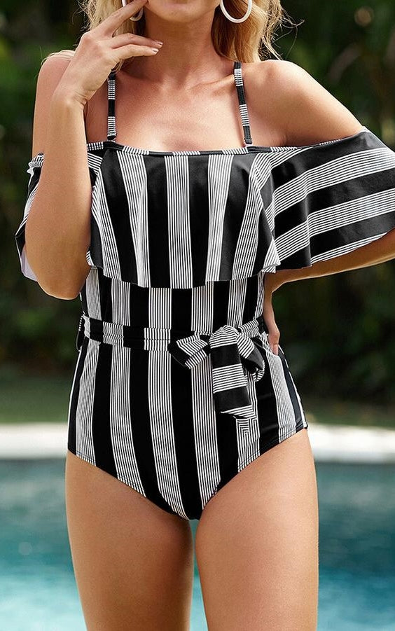 black and white off the shoulder swimsuit