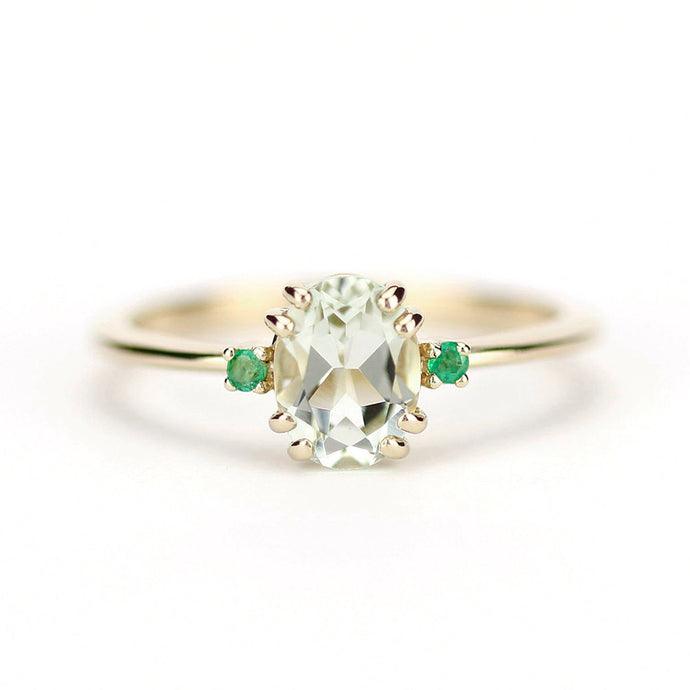 Green amethyst engagement ring oval, three stone ring Amethyst and emeralds - NOOI JEWELRY