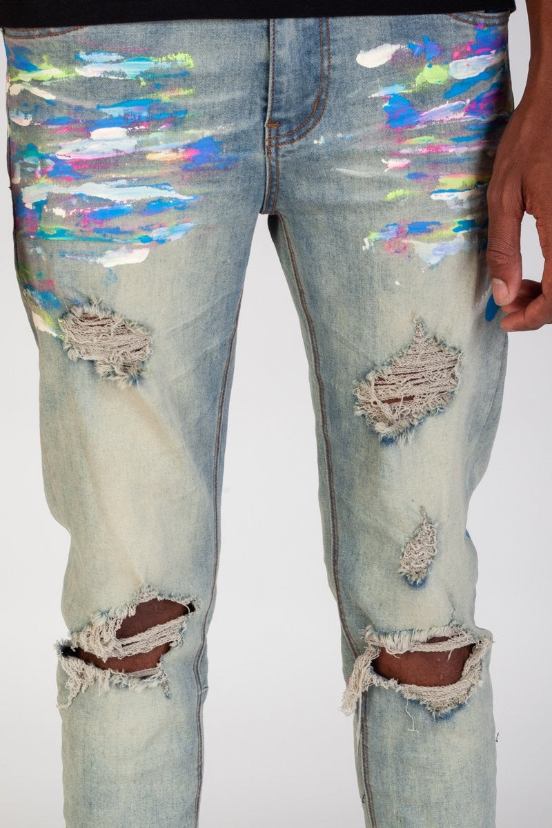 VIVICOLOR Men's Paint Splash Jean Pants Light Blue Regular Fit Print Ripped Denim  Jeans Neon Splatter Pigment Print Trousers : : Fashion