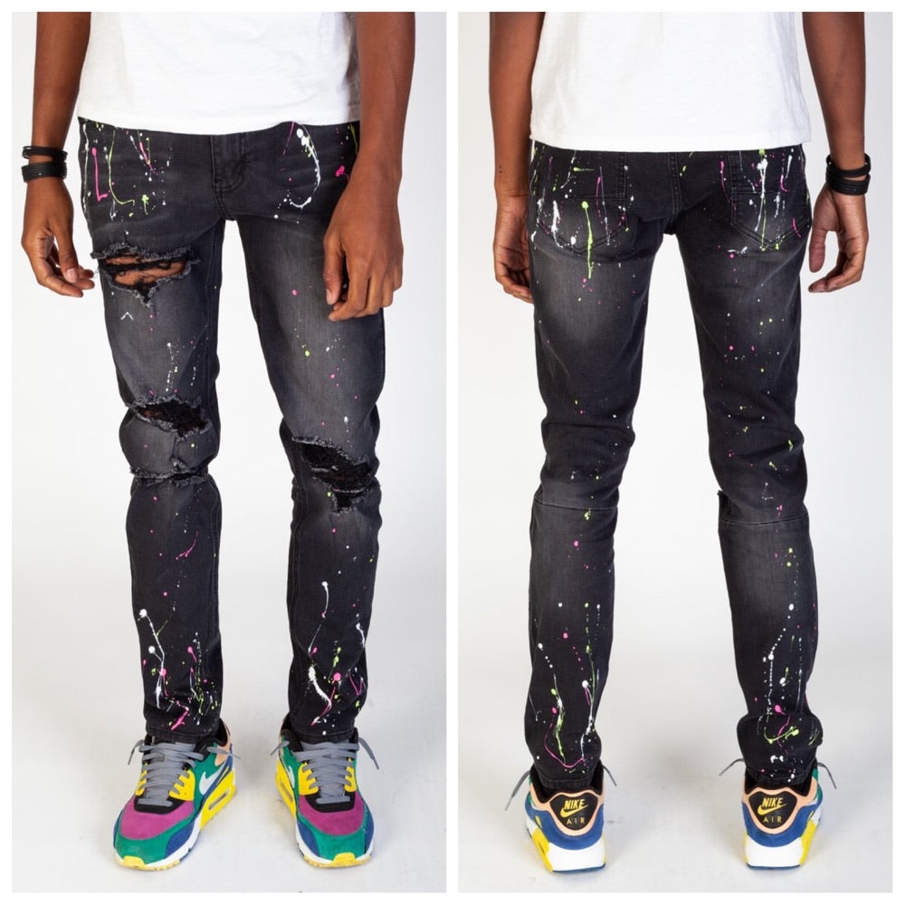 Ripped Jeans with Multi-Paint Splatter (Tinted Light Blue