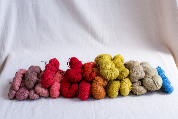 Several skeins of hand dyed yarn in shades of pink, red, orange, yellow, tan and blue piled on a white cloth backdrop.