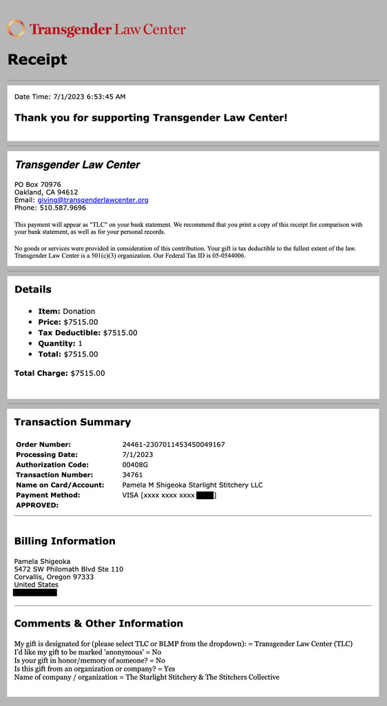 Transgender Law Center donation receipt