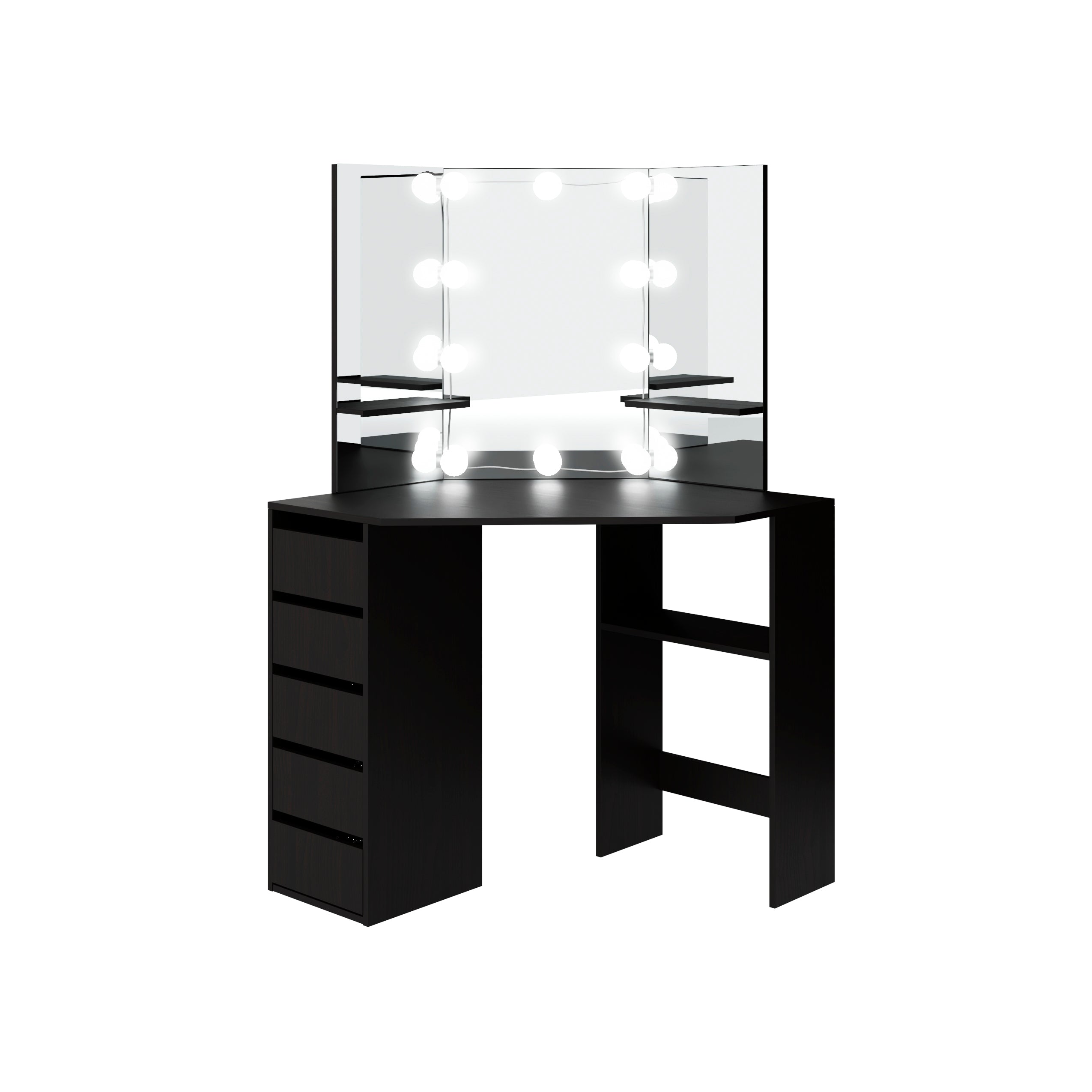 Dark Brown Corner Makeup Vanity Table With Led Lights Tri Fold Mirror Eleganio Design