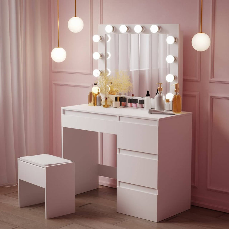 White Hollywood Style Vanity Make Up Table With Led Lights And Stool Eleganio Design