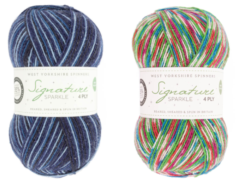 2 balls of sparkly West Yorkshire Spinners Signature 4ply sock yarn