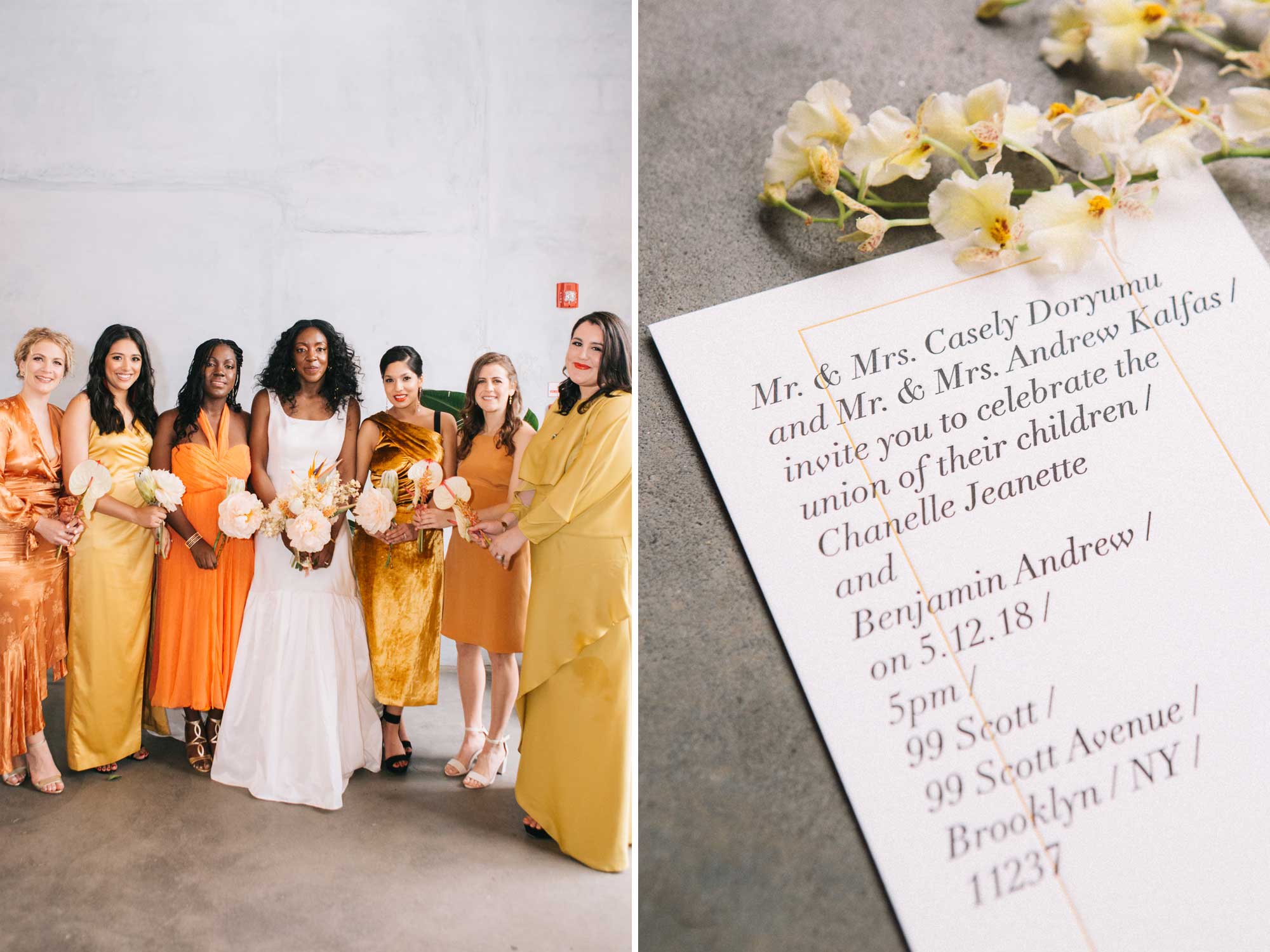Faille A-line Gown with Gathered Tiers and Mix Match Orange Bridesmaids Dresses