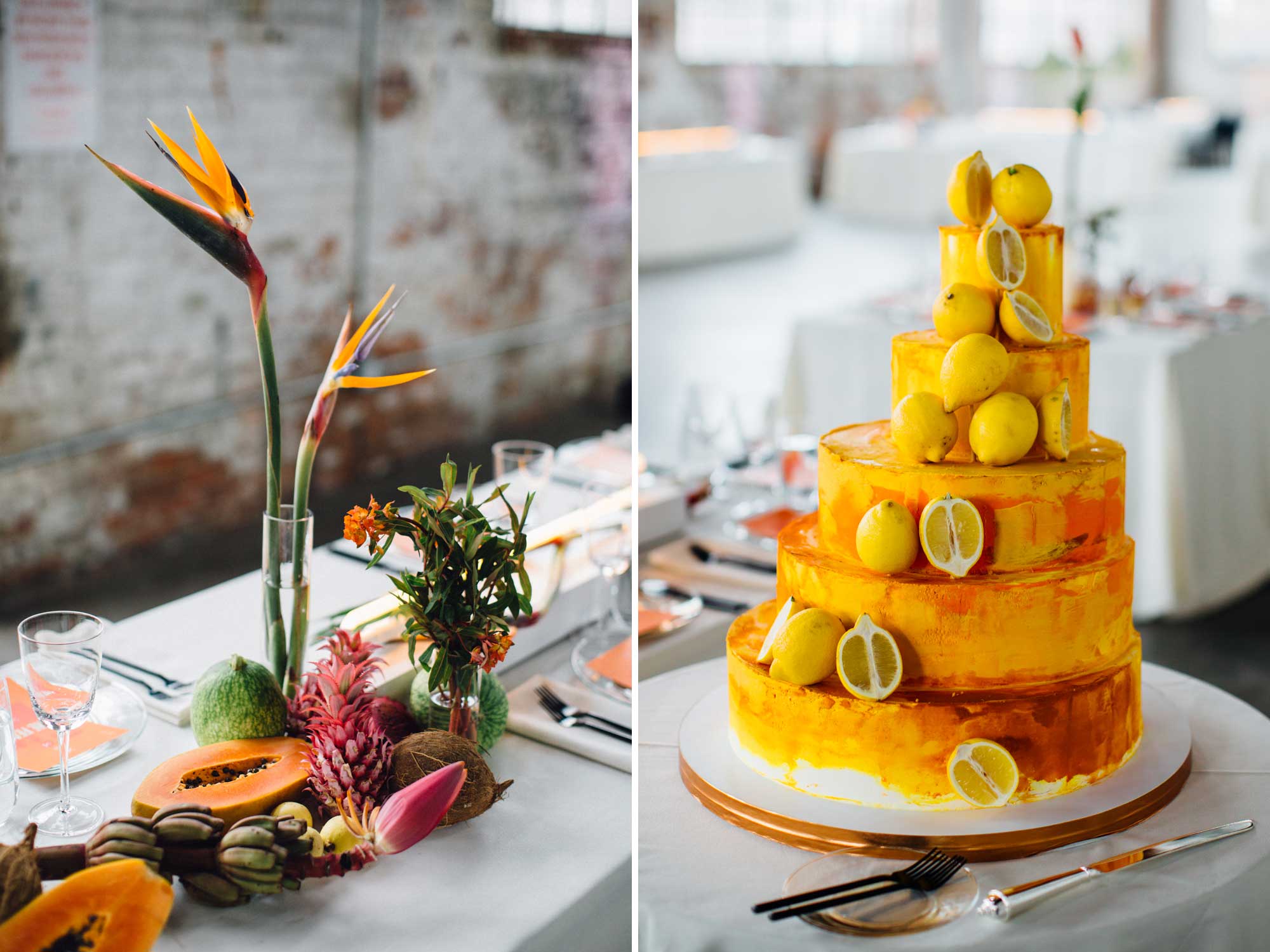 Lemon Sliced Colorful Wedding Cake with Bird of Paradise Flower Arrangements 