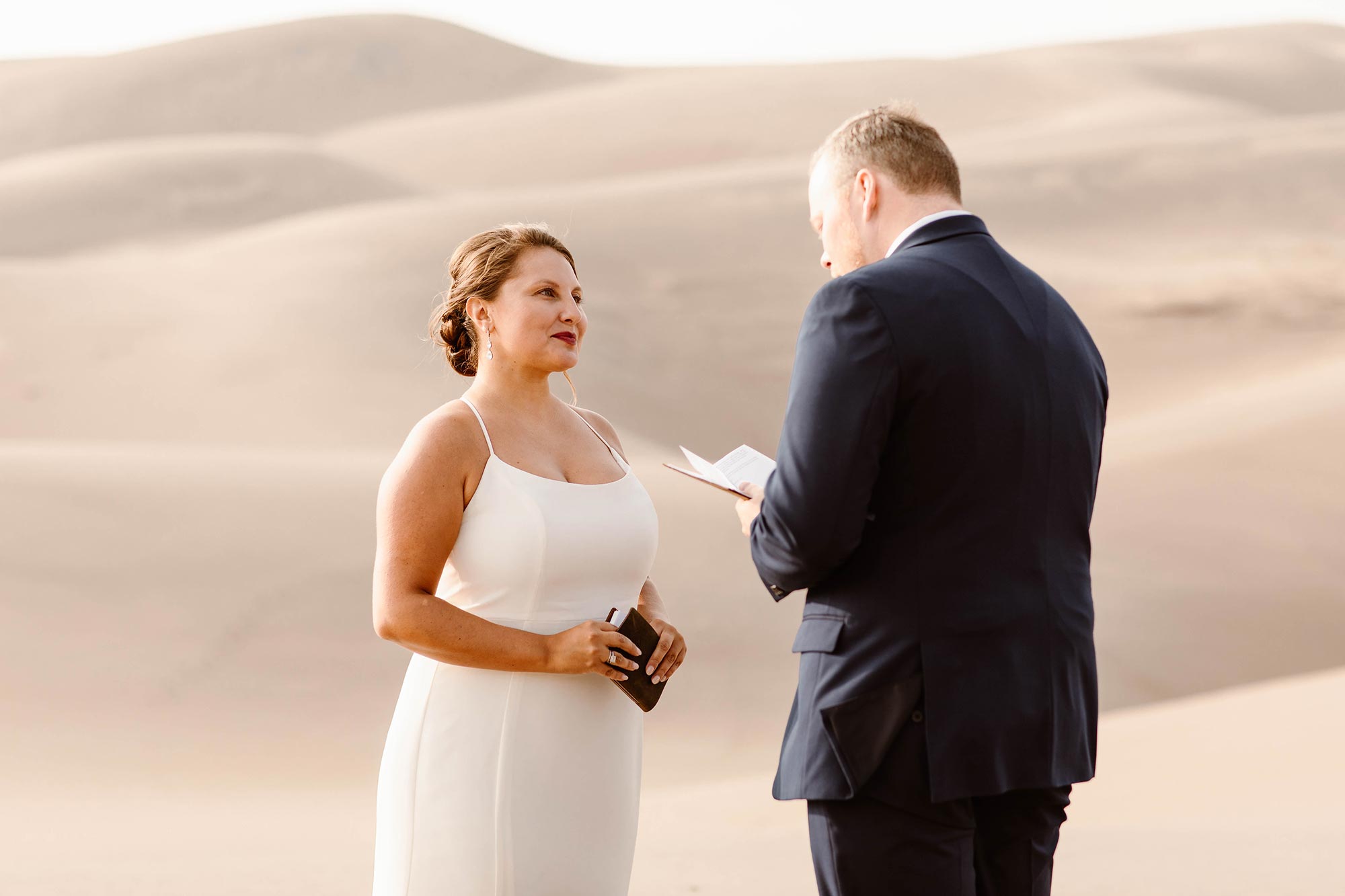 Nouvelle Amsale "Audrey" Bride and Groom, Great Sand Dunes Elopement