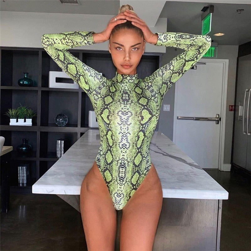 neon green snake print bodysuit