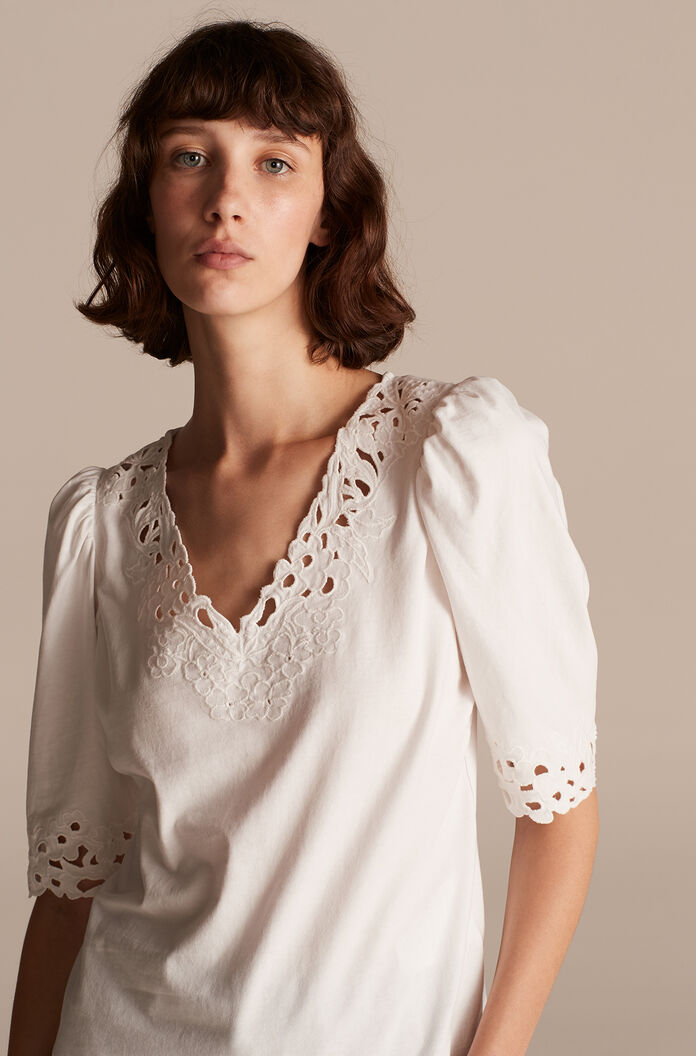 Rebecca Taylor | La Vie Ella Embroidery Jersey Top in Milk | Rebecca Taylor  RNTD