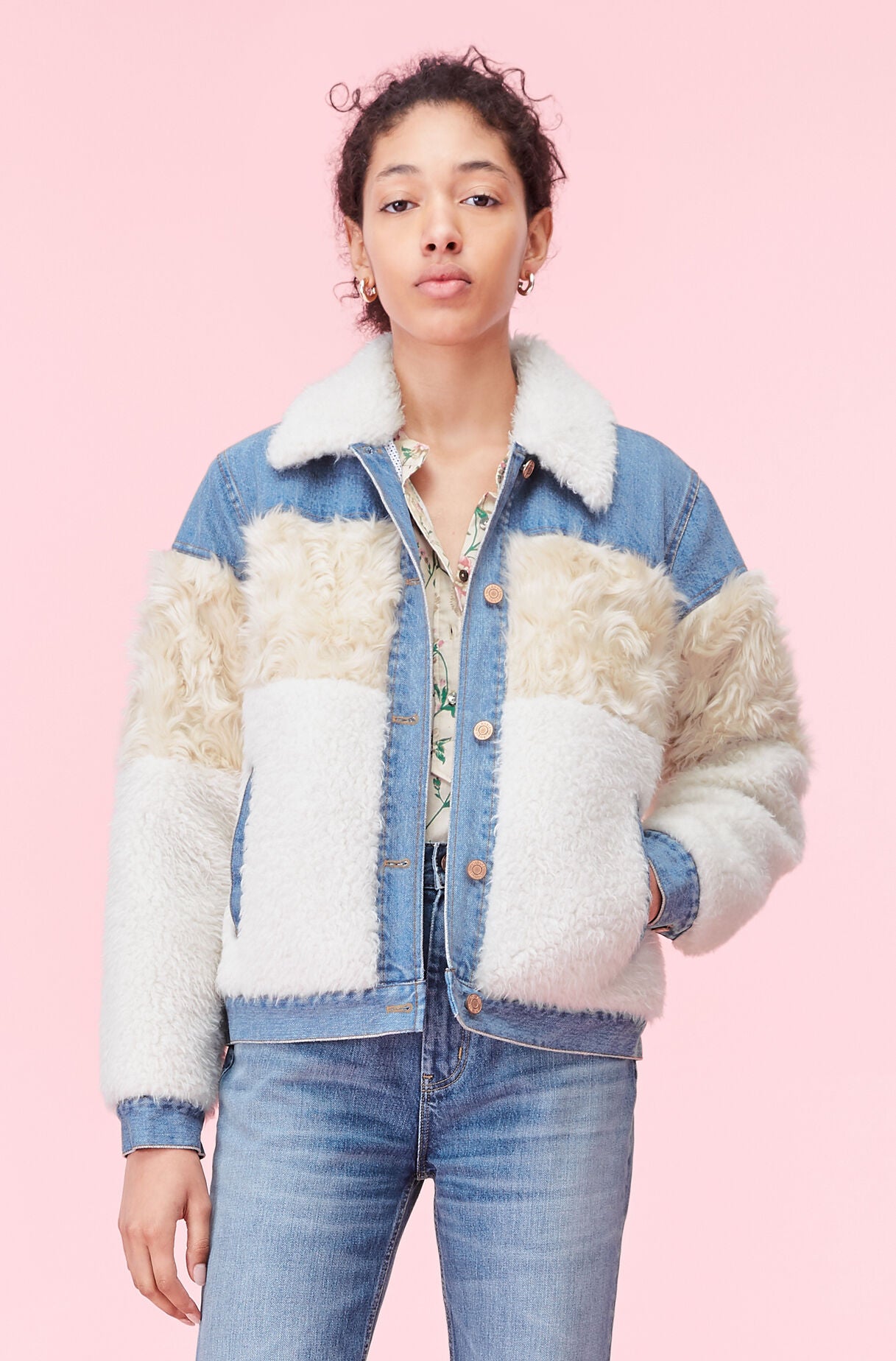Rebecca Taylor, La Vie Mixed Faux Fur & Denim Jacket in Neutral Combo