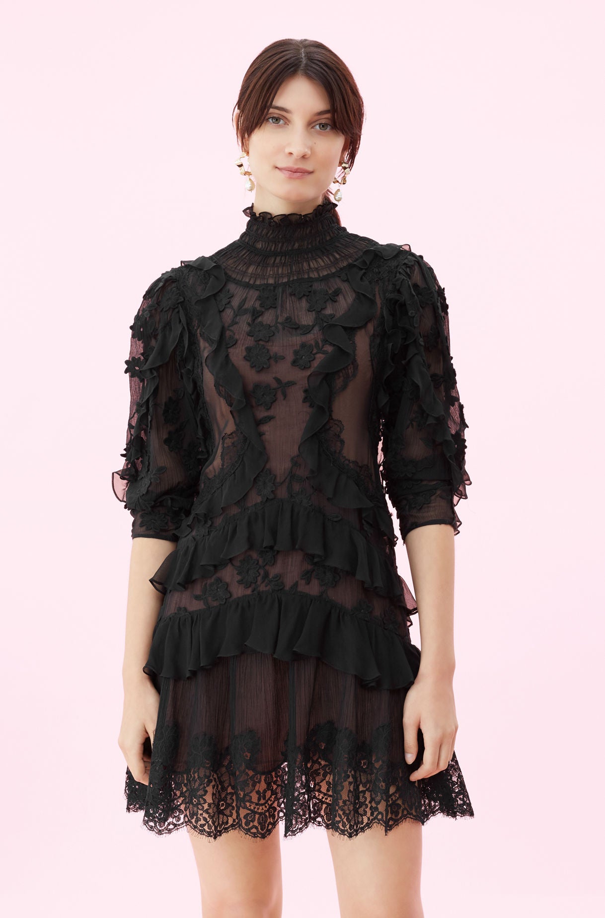 rebecca taylor black lace ruffle dress