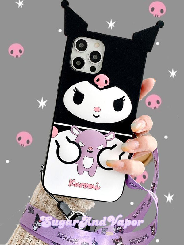 3D Kuromi Silicone iPhone Case with lanyard-Phone Case-Artemis greece