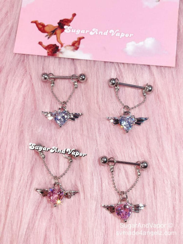 Bling Heart Wings Charms Chain Nipple Rings-Nipple Rings-Artemis greece