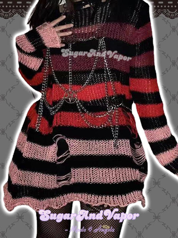 Grunge Ombré Stripes Ripped Sweater Dress-Sweaters-Artemis greece