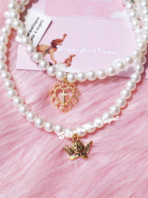 LILIAN Gold Cherub Hearts Pearls Choker 2.0-Artemis greece