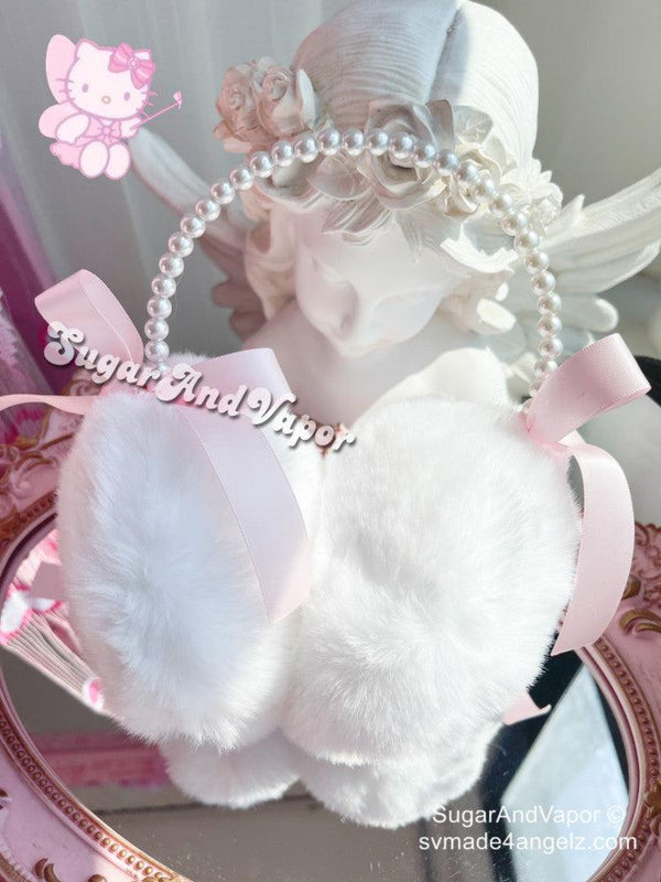 Pink Bow White Furry Warm Earmuffs-Hats-Artemis greece