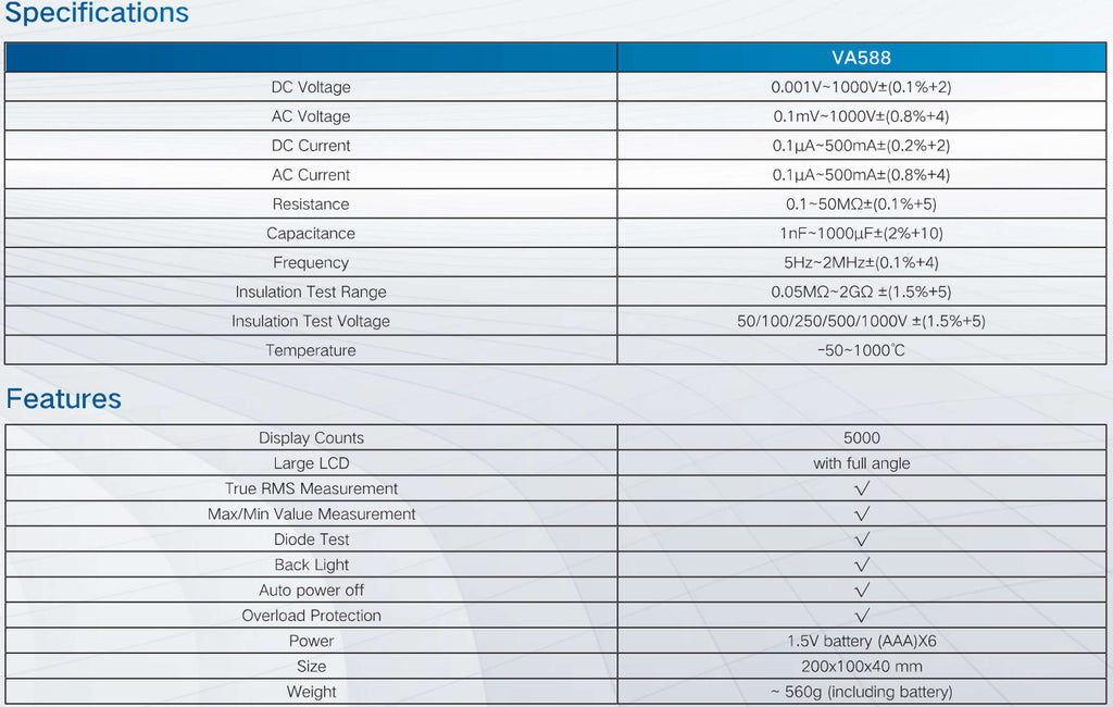 VA588 Insulation Multimeter Spec sheet Va Instruments