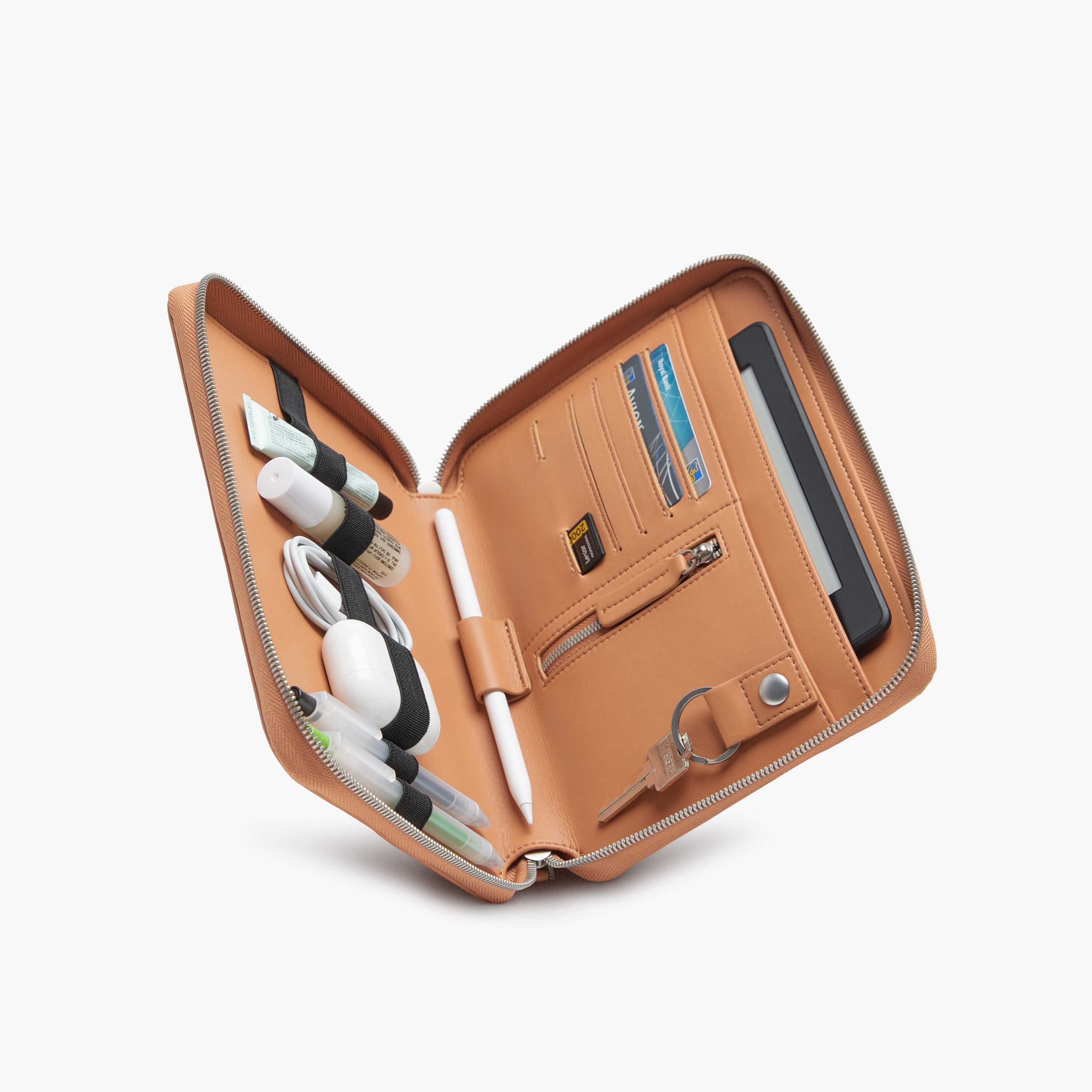 tan leather folio kit with holder for passport and e-reader