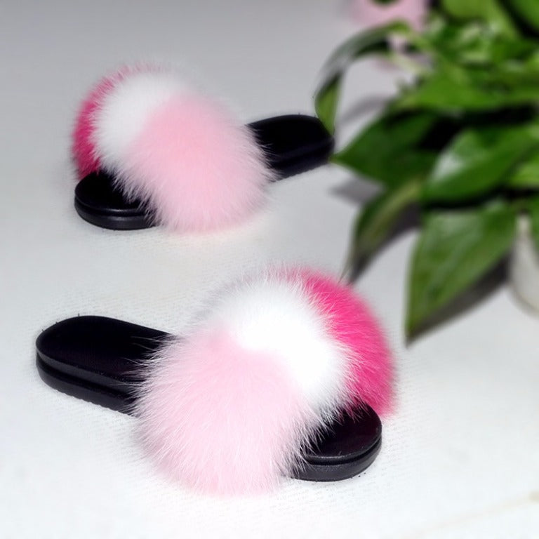 Fluffy Fox Fur Vertical Stripe Slides 