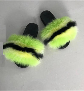 neon green fluffy slides