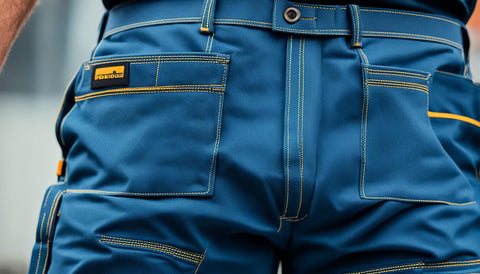 A close-up view of durable, reinforced fabric with reinforced stitching on the seat and knee areas of work pants. The fabric should appear sturdy and resistant to wear and tear. The pants should be shown worn by a worker in an industrial setting, such as a construction site or factory. The worker should be shown wearing safety boots or footwear suitable for the job, with no logos or distinguishing features visible. The image should focus primarily on the pants, with minimal background distractions.
