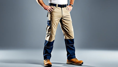 Show a pair of work pants with reinforced knees and a flexible waistband, designed for comfort and durability on the job. The pants should have multiple pockets, including a tool pocket, to keep all necessary tools within reach. Show the pants in a neutral color, such as navy blue or khaki, with some subtle branding. The image should convey a sense of toughness and practicality, while also emphasizing the importance of safety and comfort in any work environment.