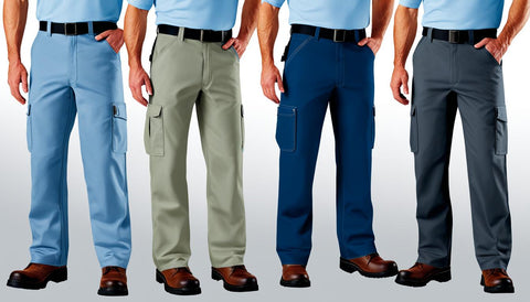 Show different types of work pants worn by workers in various job profiles. For example, a construction worker wearing heavy-duty jeans with reinforced knees, a chef wearing comfortable and breathable chef pants, a mechanic wearing overalls with ample pockets for tools, and a landscaper wearing quick-dry cargo shorts with reinforced stitching. Show the pants in action, with each worker performing tasks related to their job profile. Use varying colors and textures to differentiate between the different types of work pants.