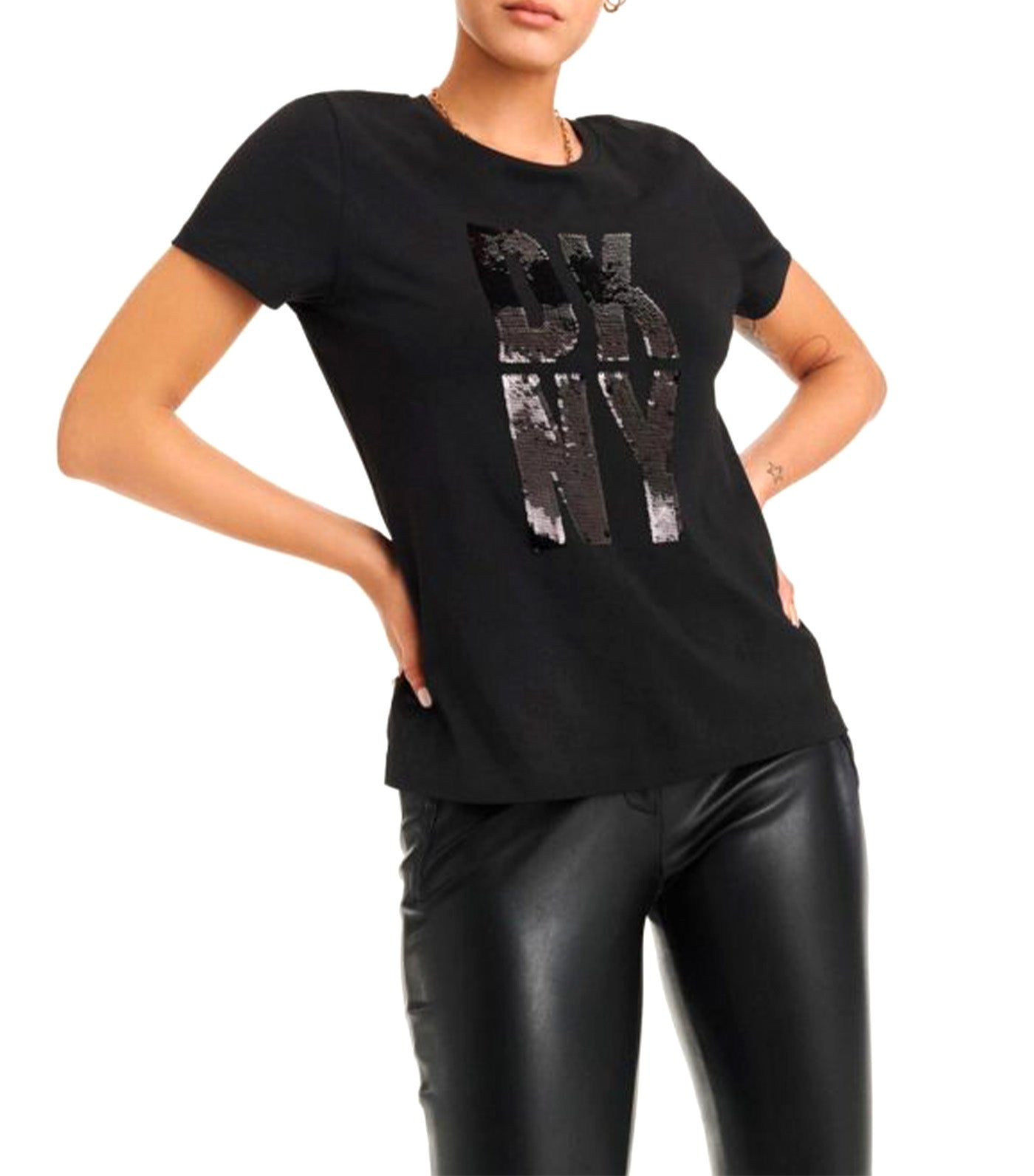 DKNY Short Sleeve Crew Neck Sequin Logo T-Shirt Black/Gold