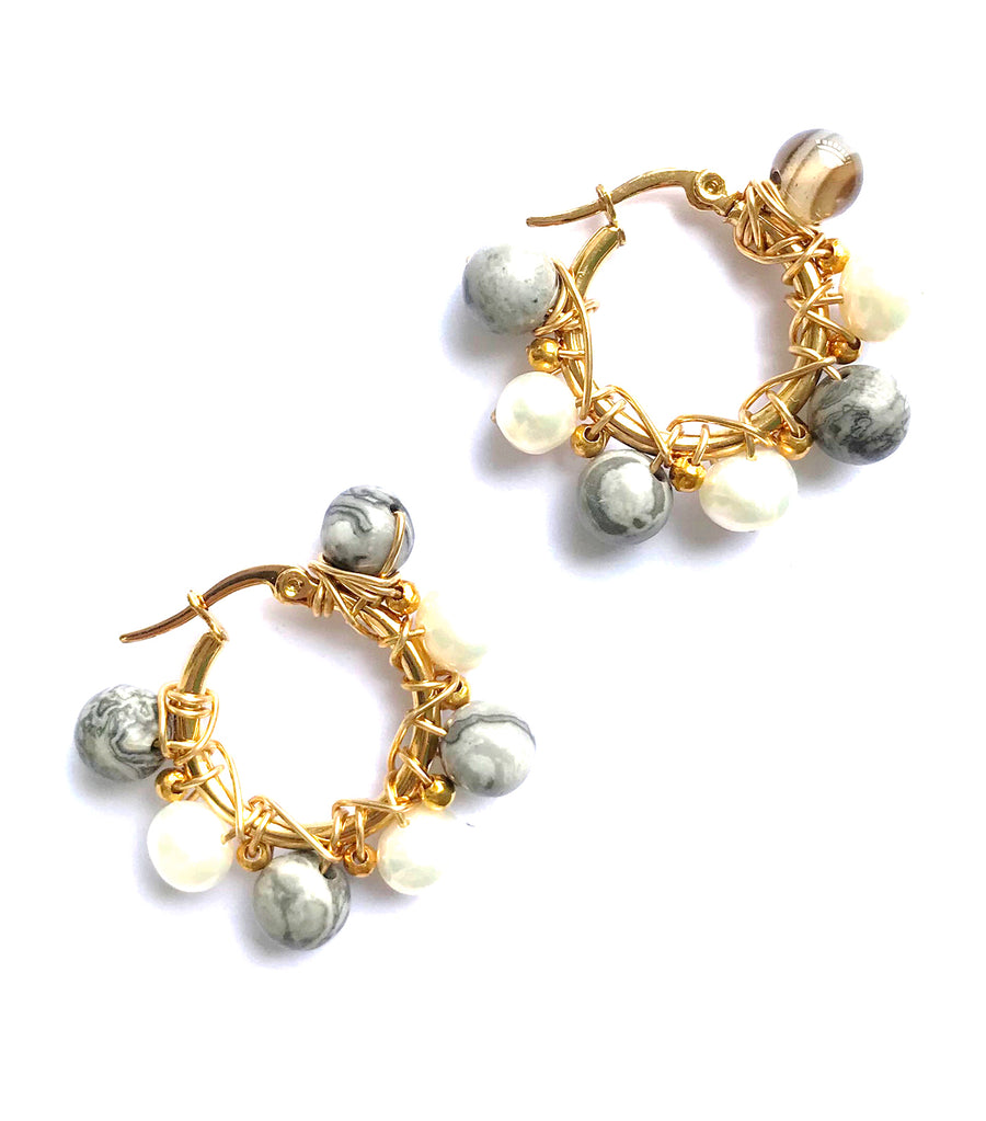Pearls and Zebra Jasper Earrings Gold