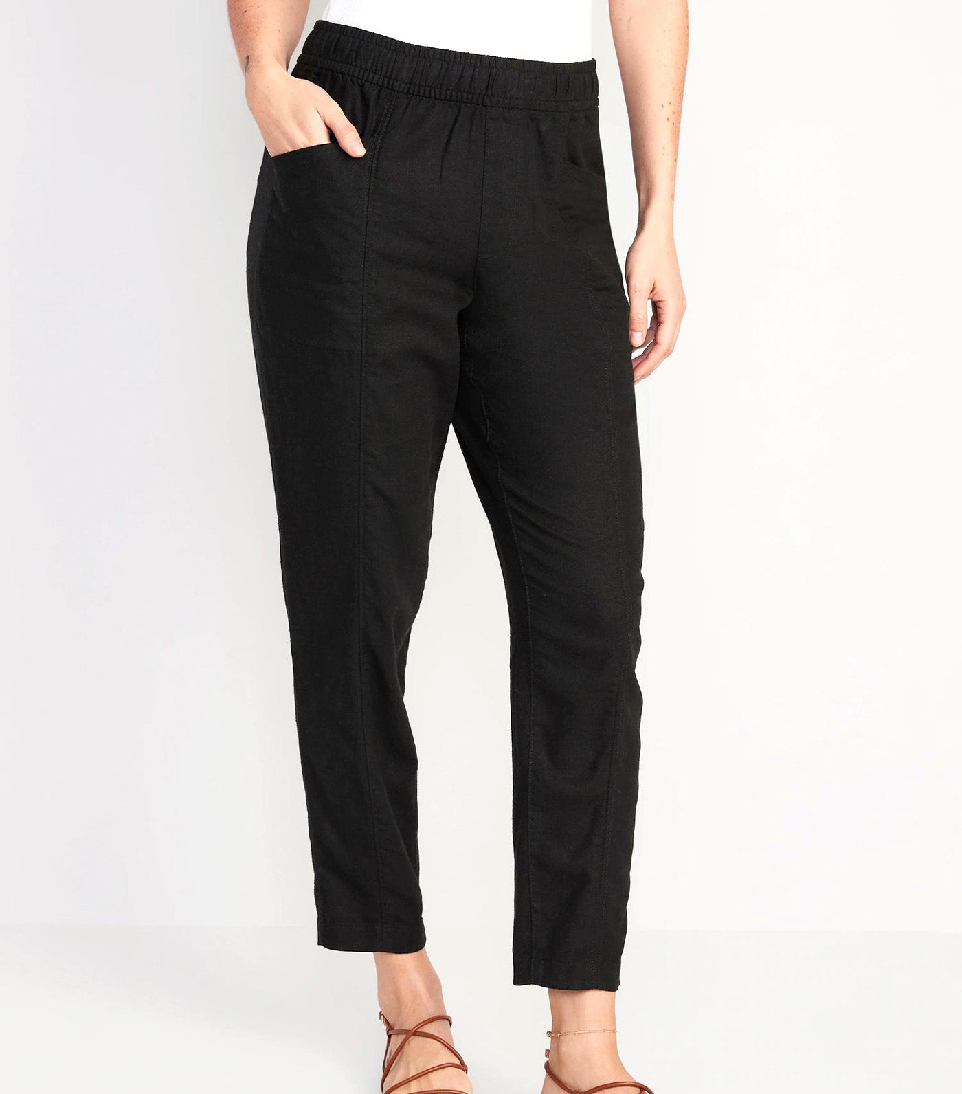 High-Waisted Striped Cropped Linen-Blend Tapered Pants