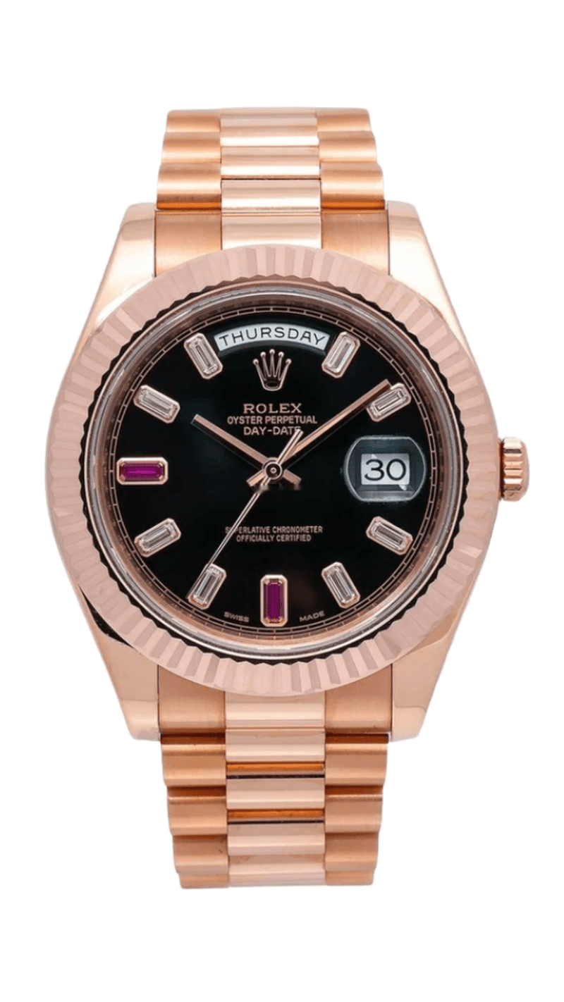 Rolex Day-Date II 218235-BLKDFP 41mm Black Baquette Diamonds Ruby Fluted Rose Gold President - HauteLuxuryWatches