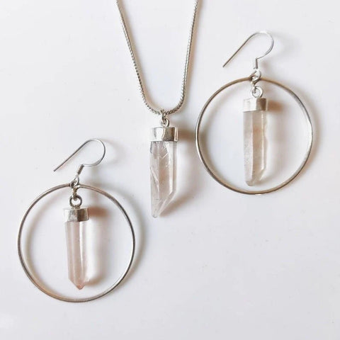 Raw Clear Quartz Crystal Point Hoop Earrings & Pendant Necklace Set