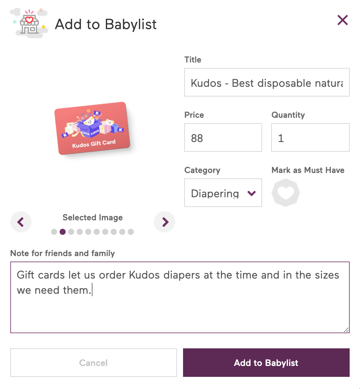 Add Kudos gift card to babylist baby registry