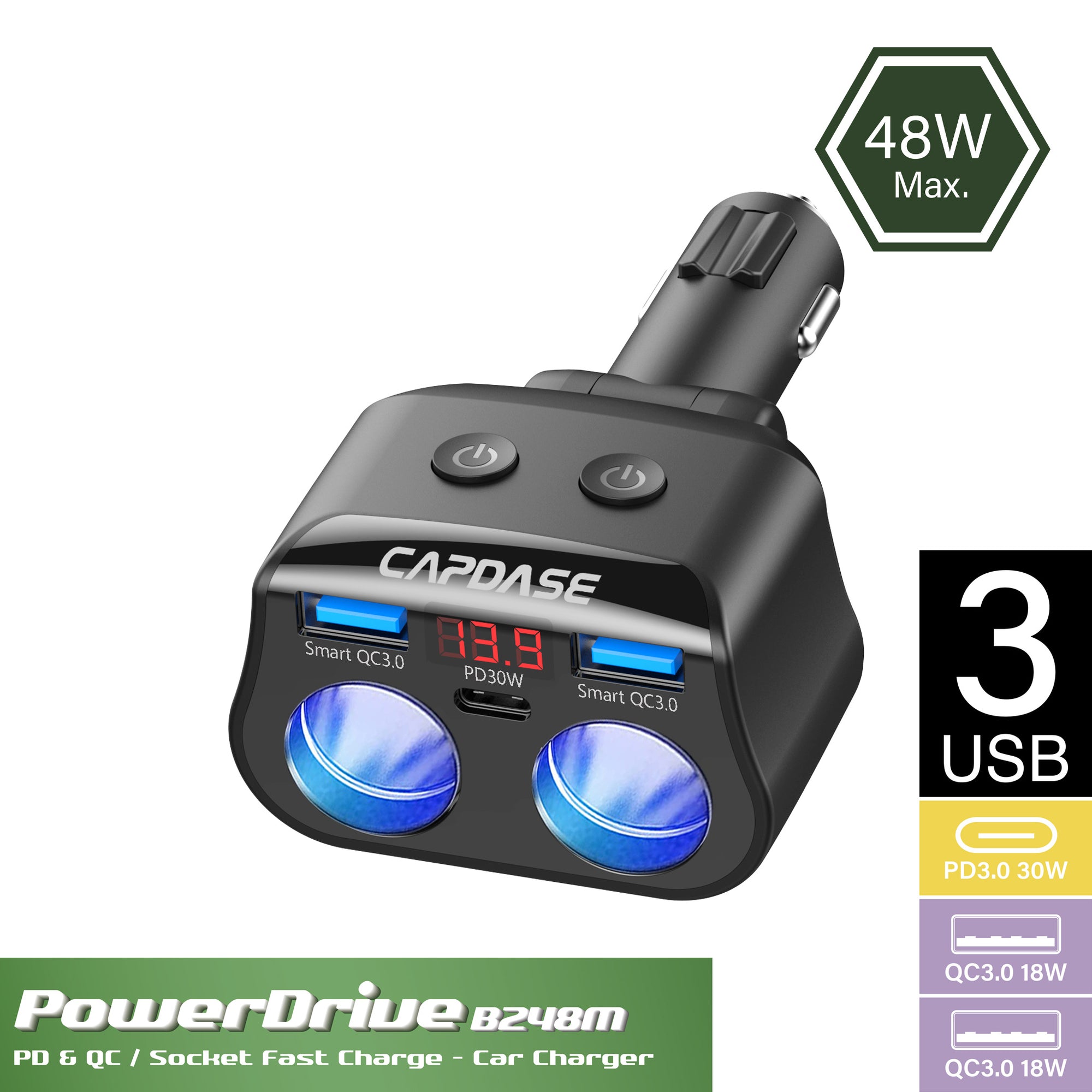 Car Cigarette Lighter Splitter, 3 Socket Car Charger with PD/QC 3.0 Ch