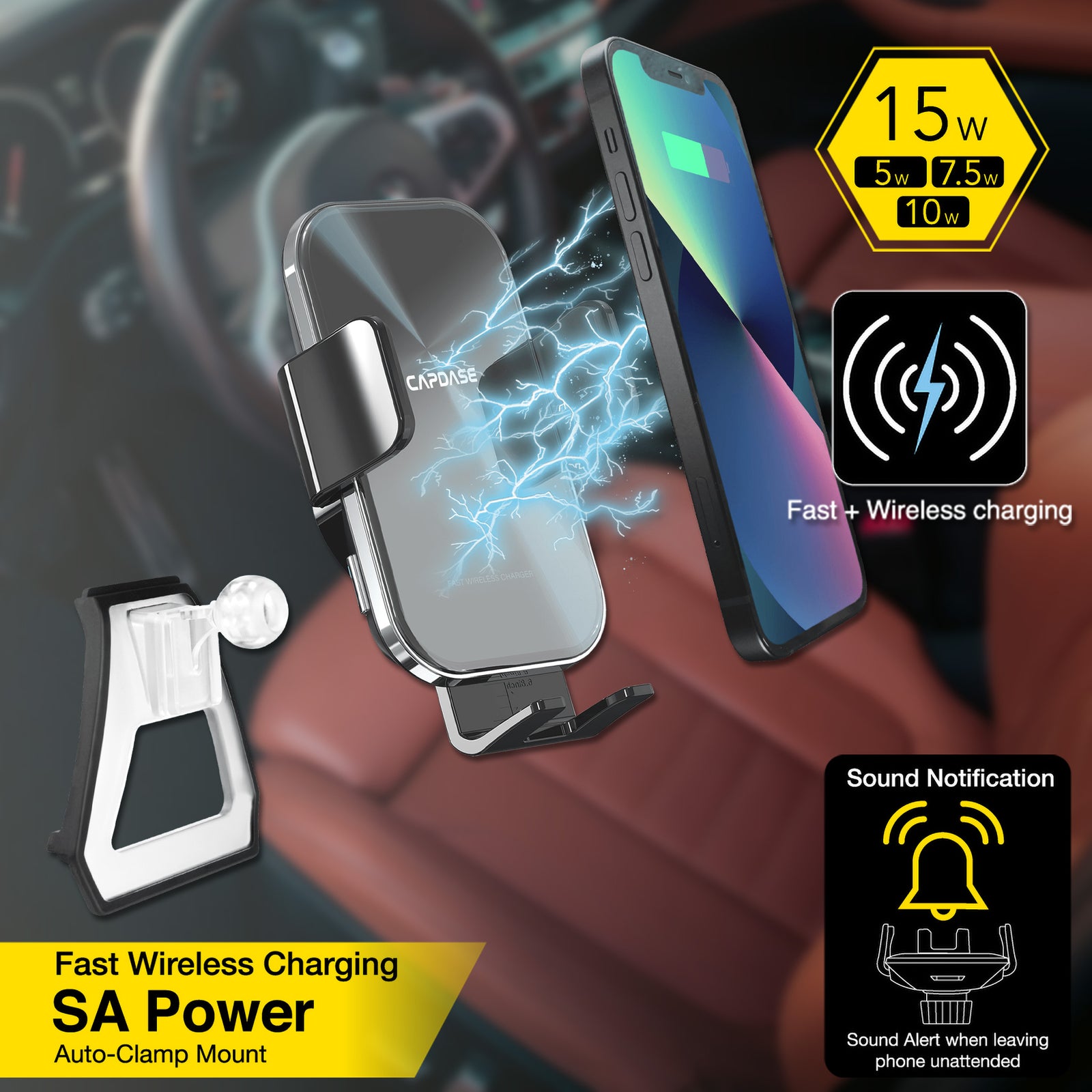 SA Power Fast Wireless Charging Auto-Clamp Car Mount DSH Base