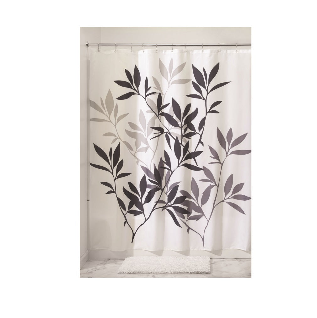 iDesign 35620 Polyester Leaves Shower Curtain, Black/Grey