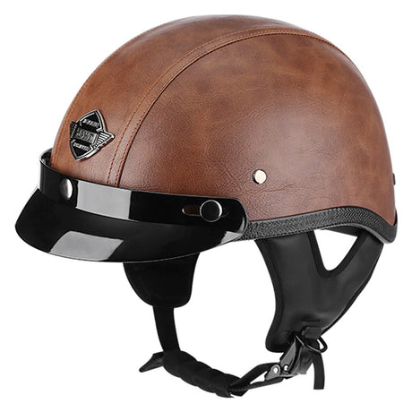 Half Motorcycle Helmet German Style Leather With Checker Stripe 