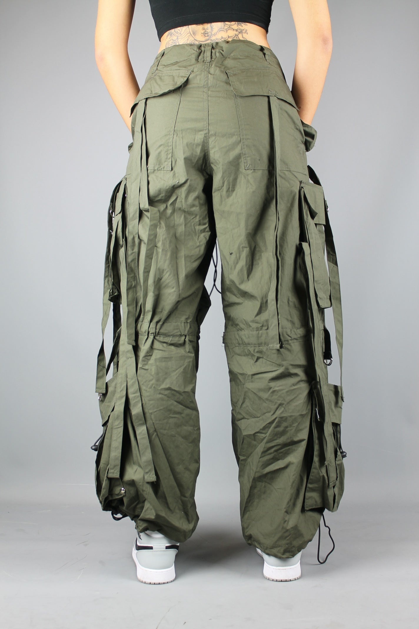 Unbranded Baggy Fit Parachute Strap Cargo Pants Trousers Dark Oliv